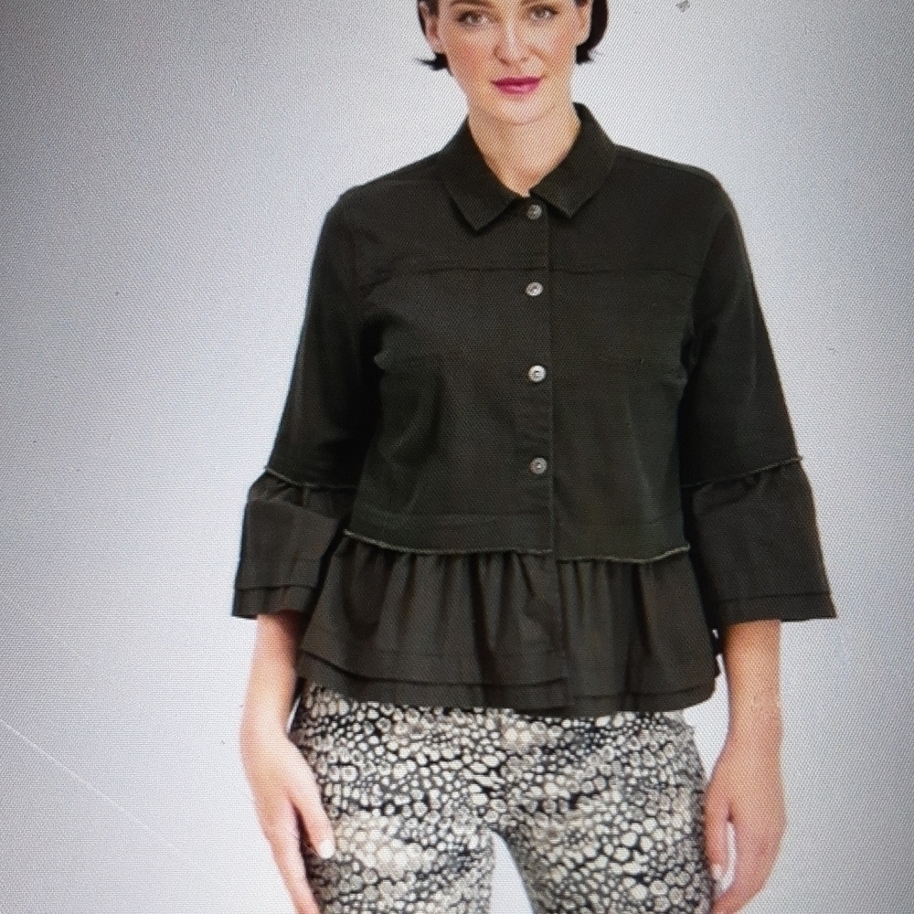 Style & co women casual jacket button down bell sleeves rufled hem S green y2k